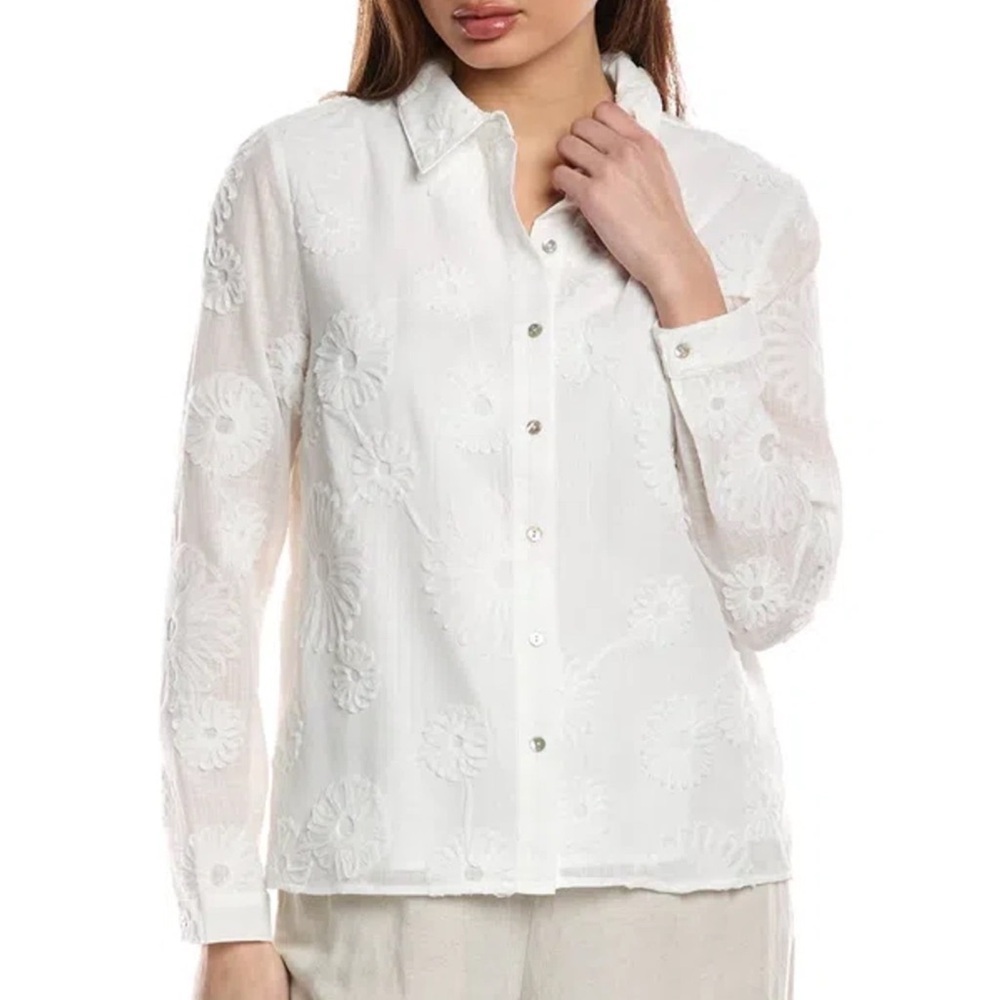 Nanette Lepore White Floral Button Down Shirt Applique Blouse In White